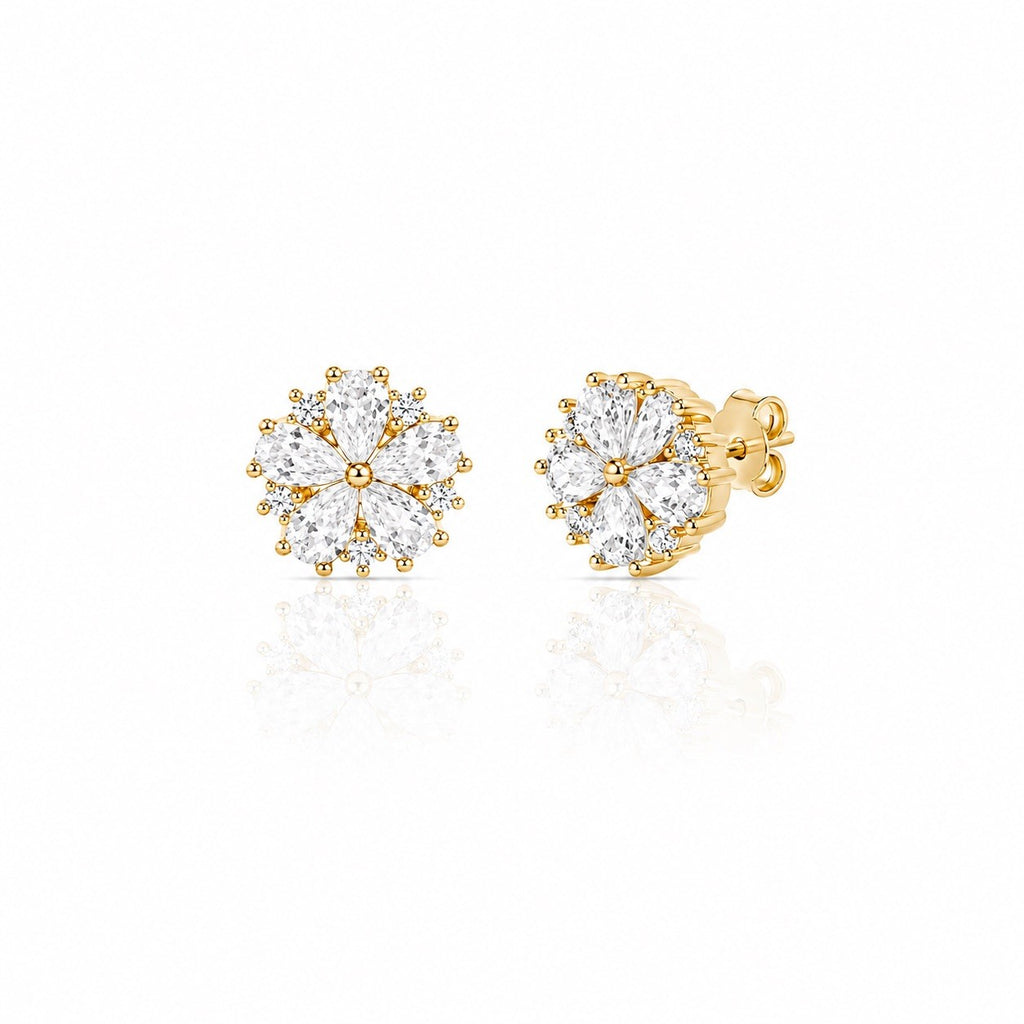 Gold Plated Sterling Silver Cubic Zirconia Flower Stud Earring
