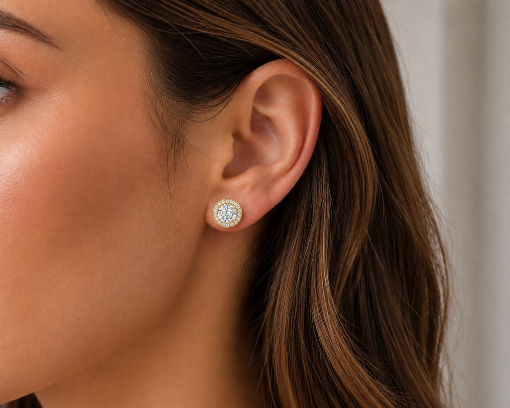 Gold Plated Sterling Silver Cubic Zirconia Round Halo Earring