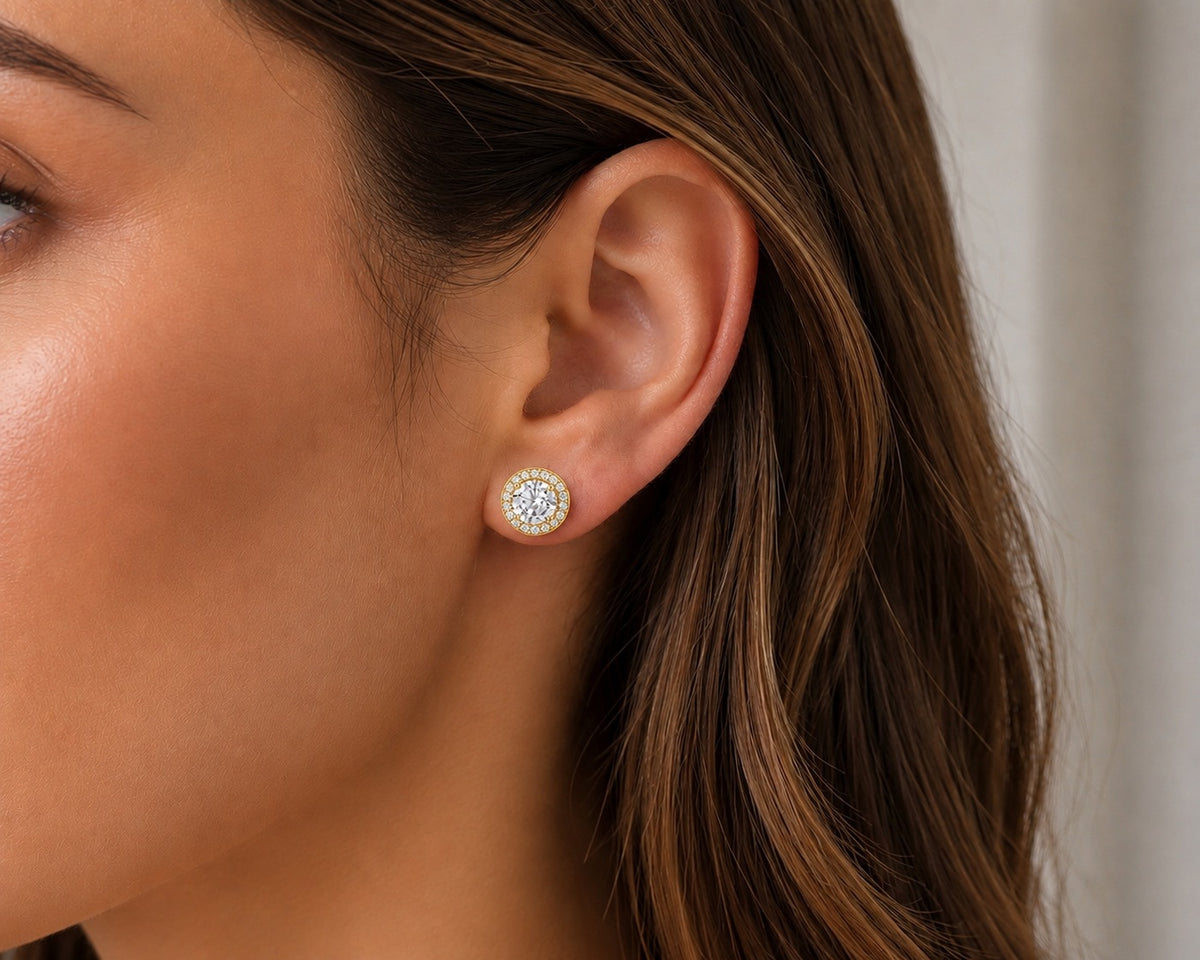 Gold Plated Sterling Silver Cubic Zirconia Round Halo Earring