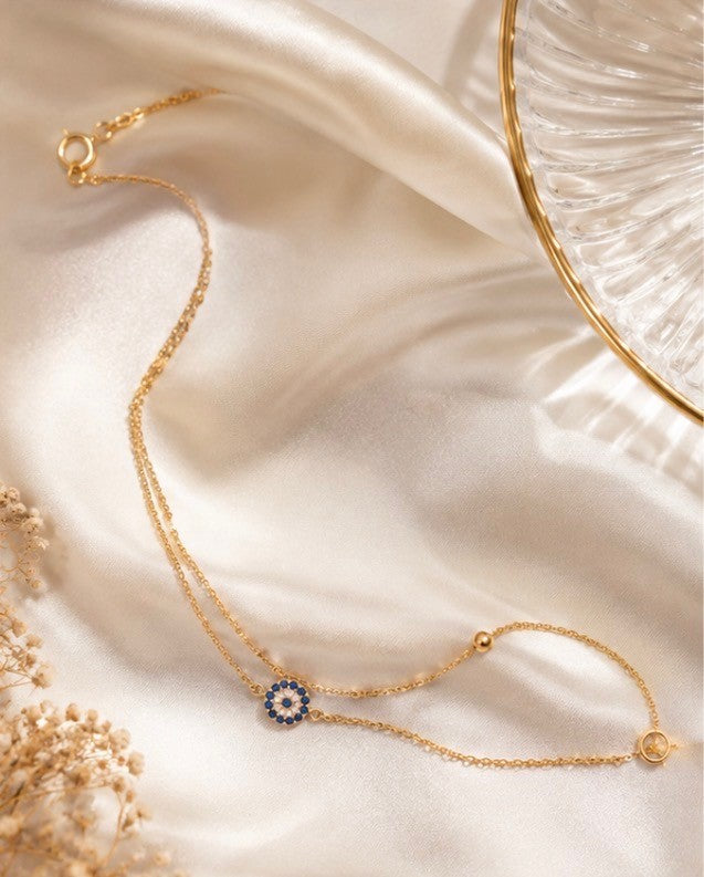 Gold Plated Sterling Silver Cubic Zirconia Sapphire Evil Eye Bracelet