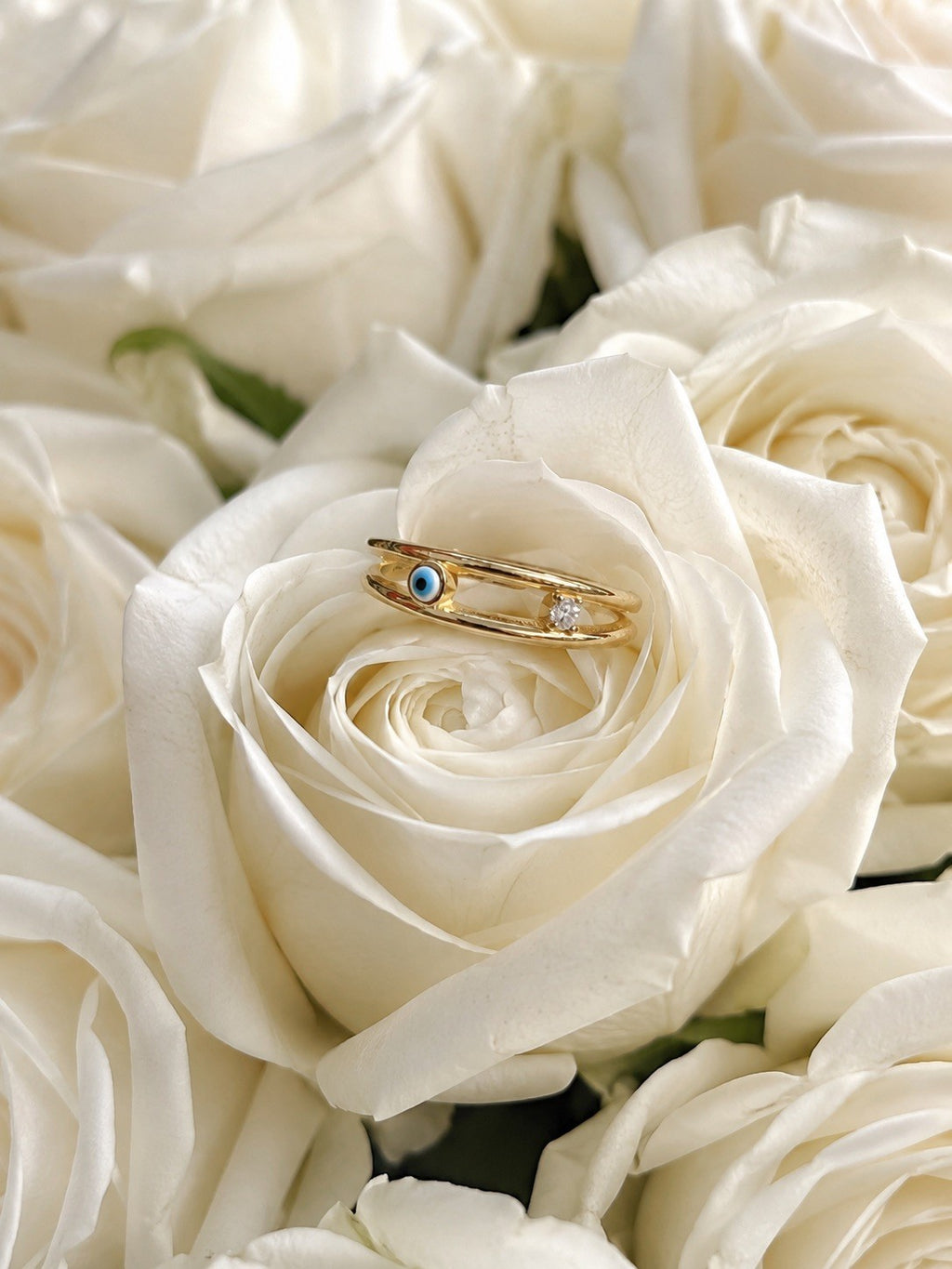 Gold Plated Sterling Silver Cubic Zirconia Blue Evil Eye Ring Size 7