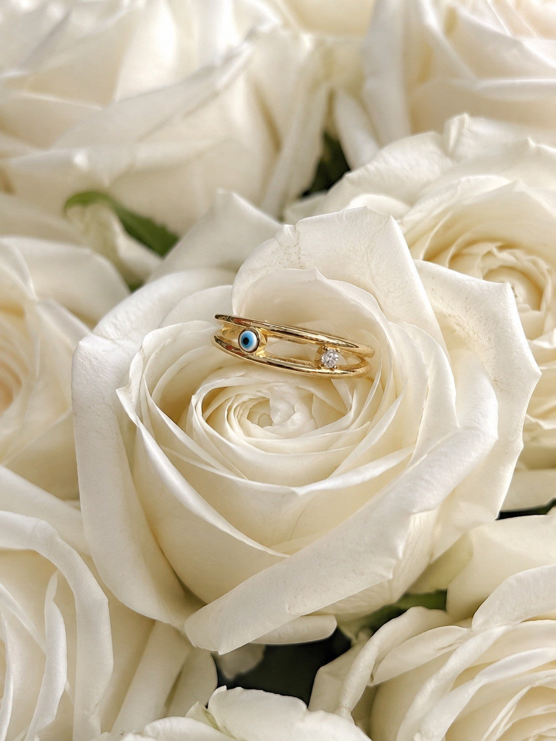 Gold Plated Sterling Silver Cubic Zirconia Blue Evil Eye Ring Size 7