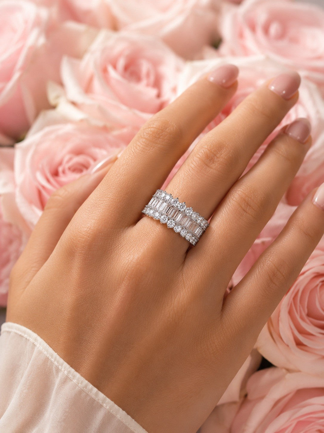 Sterling Silver Cubic Zirconia Round & Baguette Shaped Stackable Ring Size 8