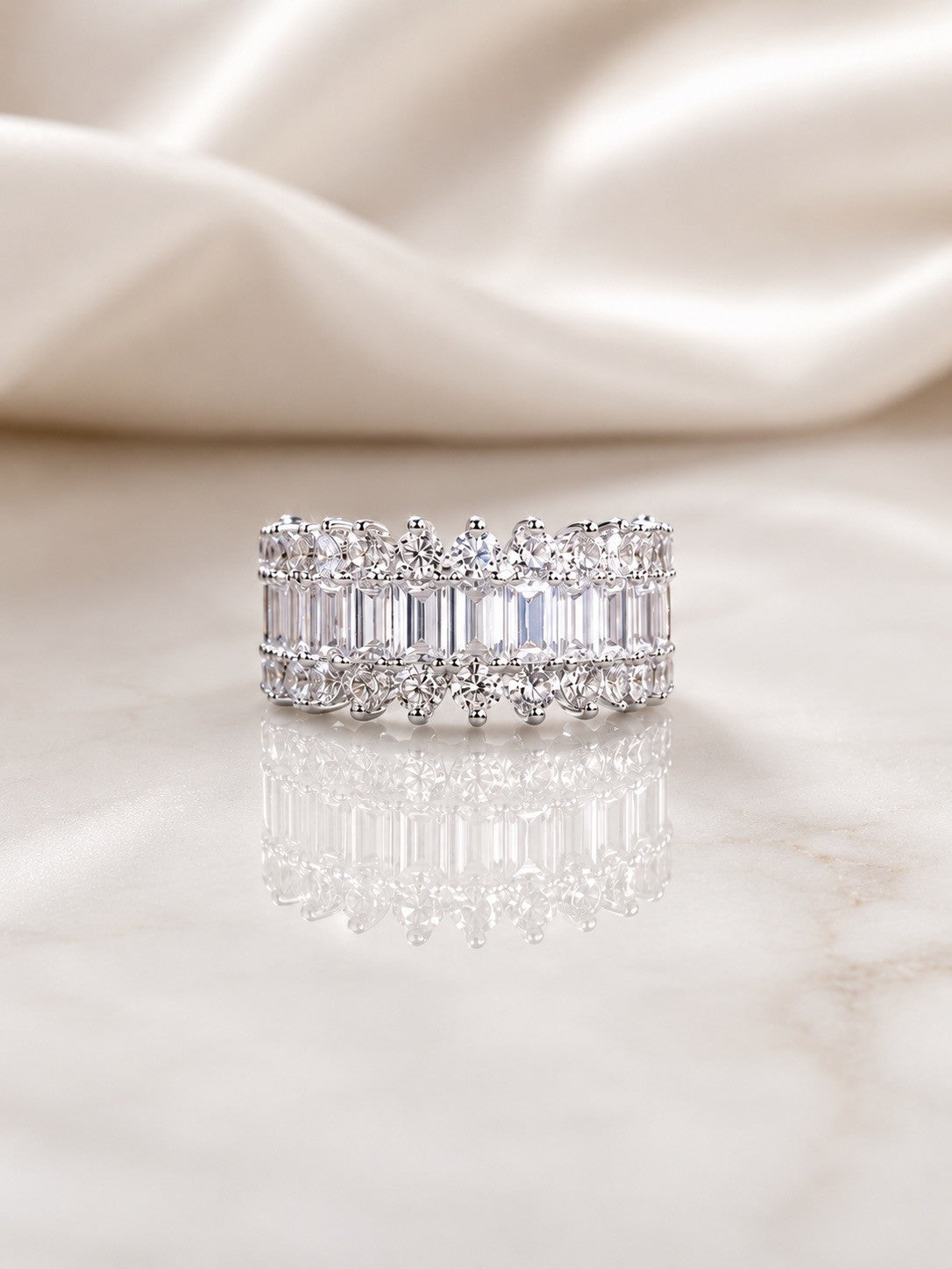 Sterling Silver Cubic Zirconia Round & Baguette Shaped Stackable Ring Size 8