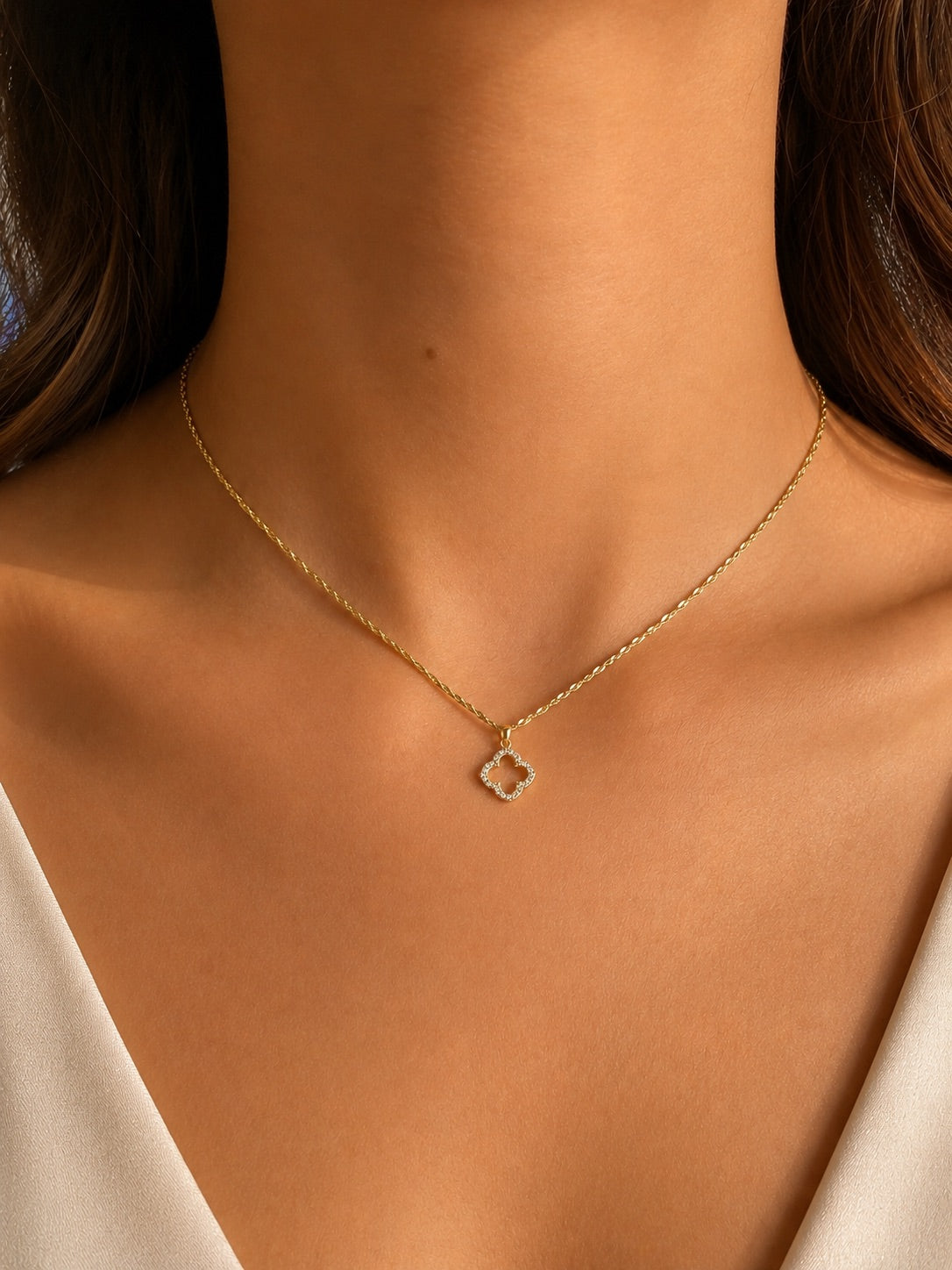 Gold Plated Sterling Silver Cubic Zirconia Clover Necklace