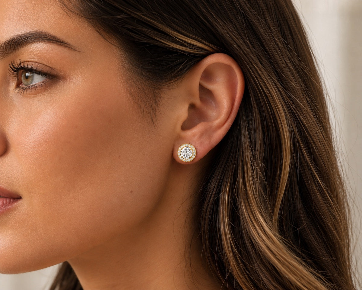 Gold Plated Sterling Silver Cubic Zirconia Round Halo Earring