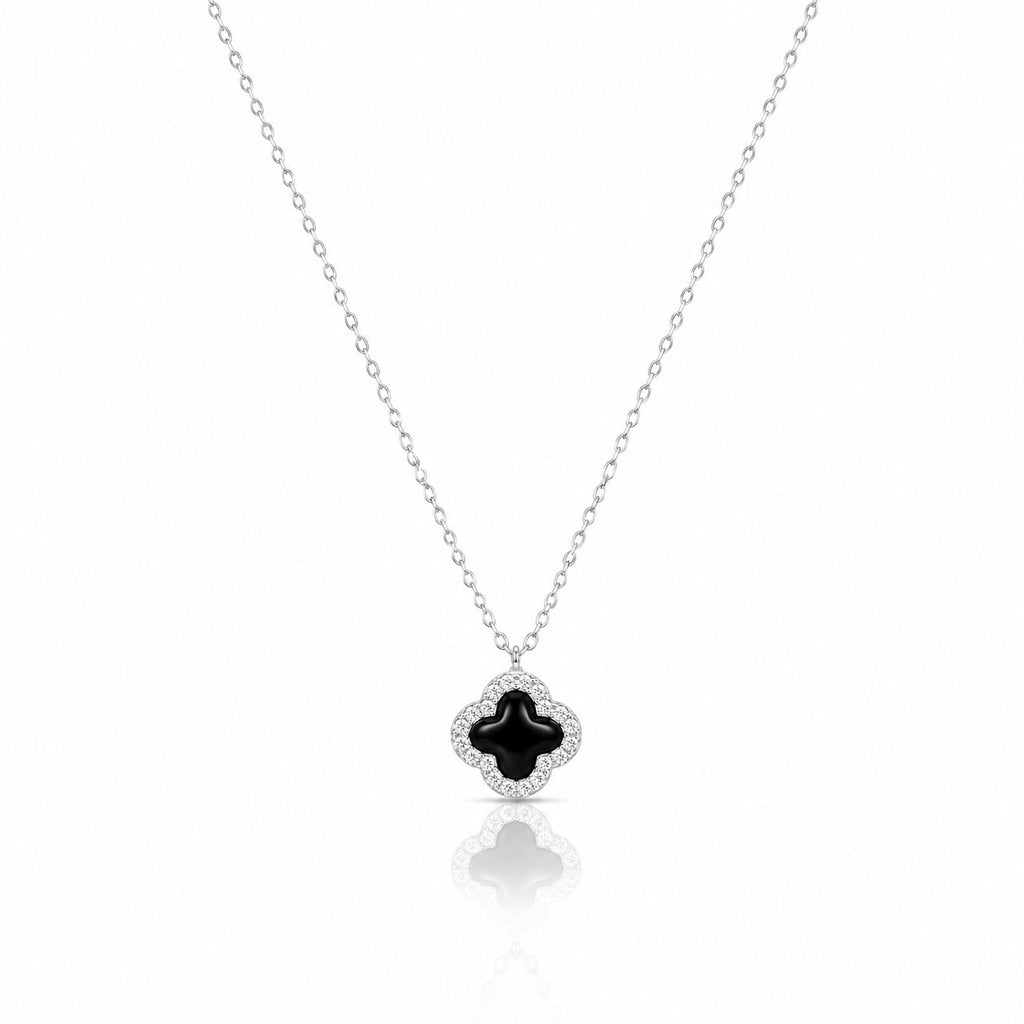 Sterling Silver Cubic Zirconia Onyx Clover Necklace