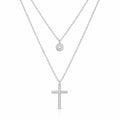 Sterling Silver Cubic Zirconia Stud & Cross Double Necklace