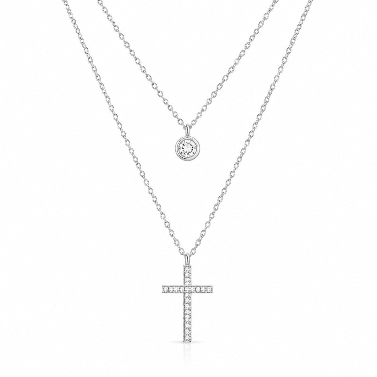 Sterling Silver Cubic Zirconia Stud & Cross Double Necklace