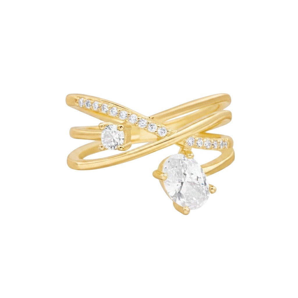 Gold Plated Sterling Silver Cubic Zirconia Crossover Ring