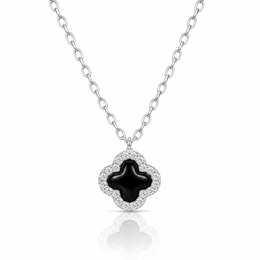 Sterling Silver Cubic Zirconia Onyx Clover Necklace