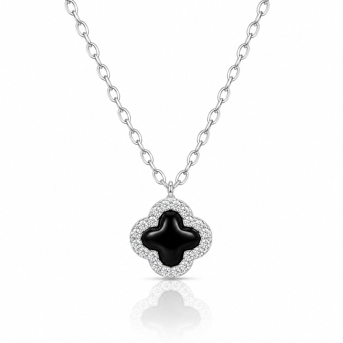 Sterling Silver Cubic Zirconia Onyx Clover Necklace