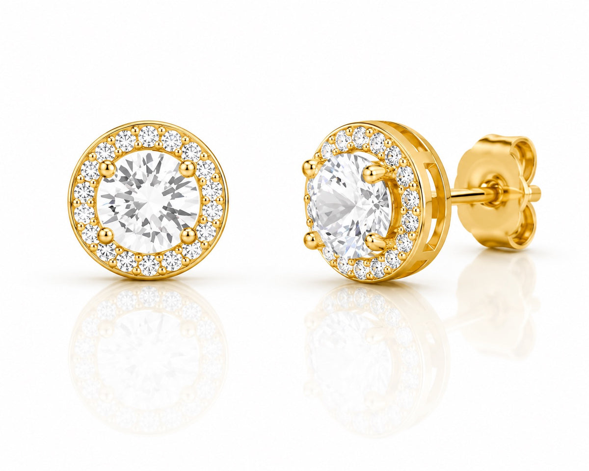 Gold Plated Sterling Silver Cubic Zirconia Round Halo Earring