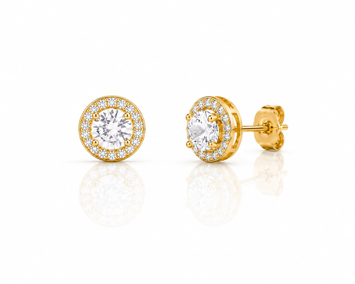 Gold Plated Sterling Silver Cubic Zirconia Round Halo Earring