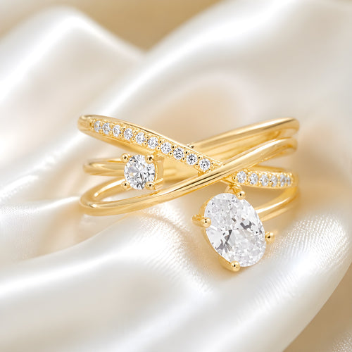 Gold Plated Sterling Silver Cubic Zirconia Crossover Ring
