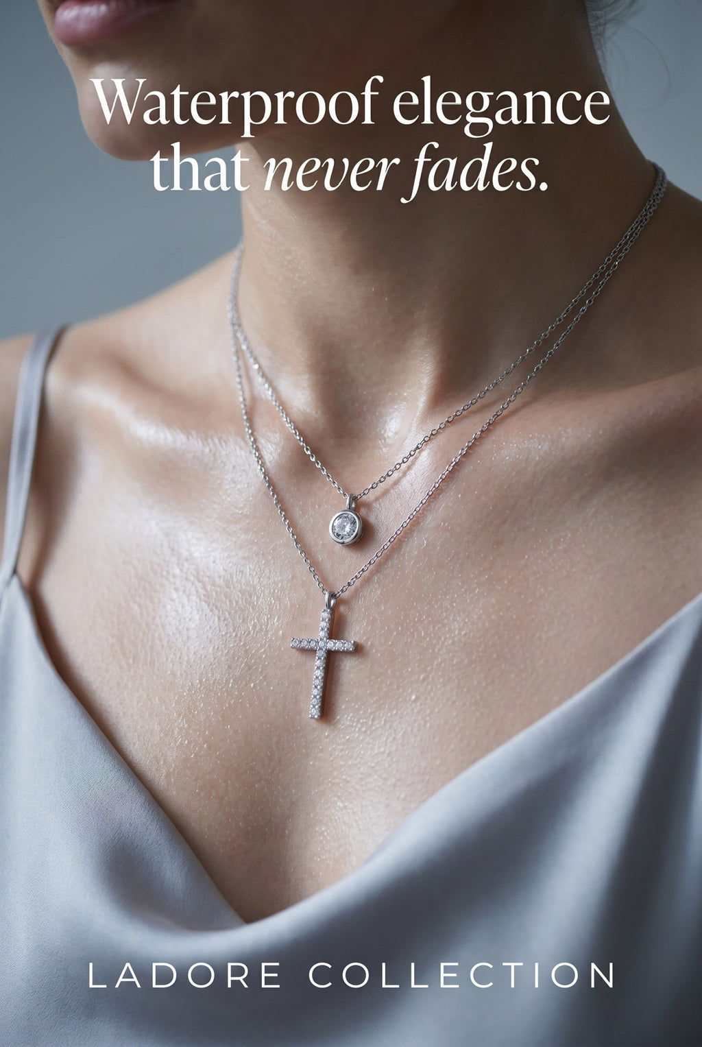 Sterling Silver Cubic Zirconia Stud & Cross Double Necklace
