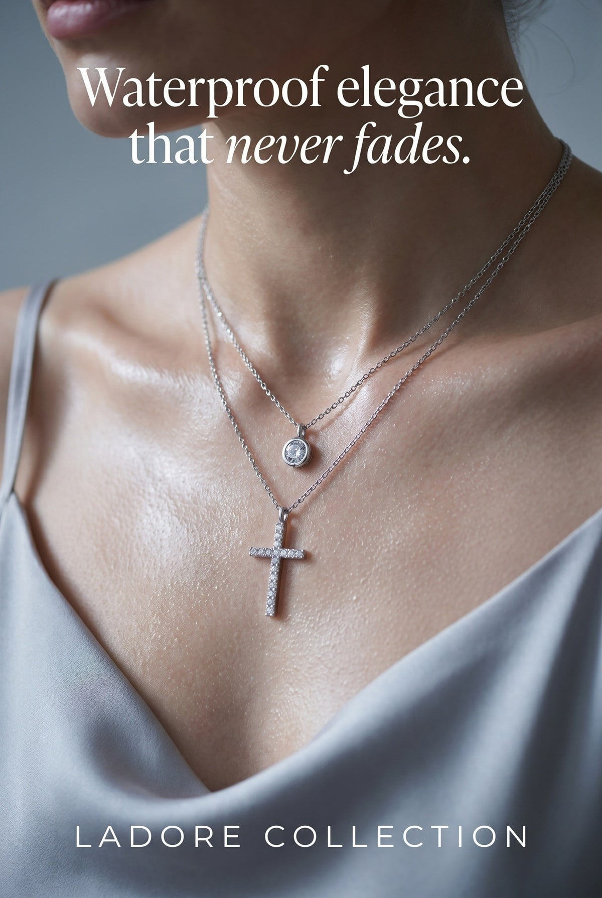 Sterling Silver Cubic Zirconia Stud & Cross Double Necklace
