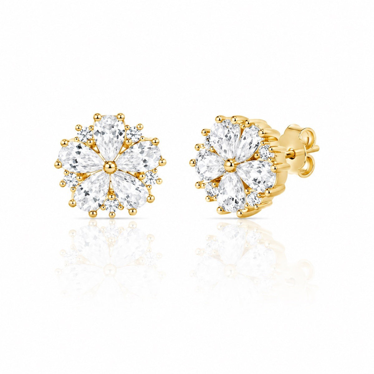 Gold Plated Sterling Silver Cubic Zirconia Flower Stud Earring